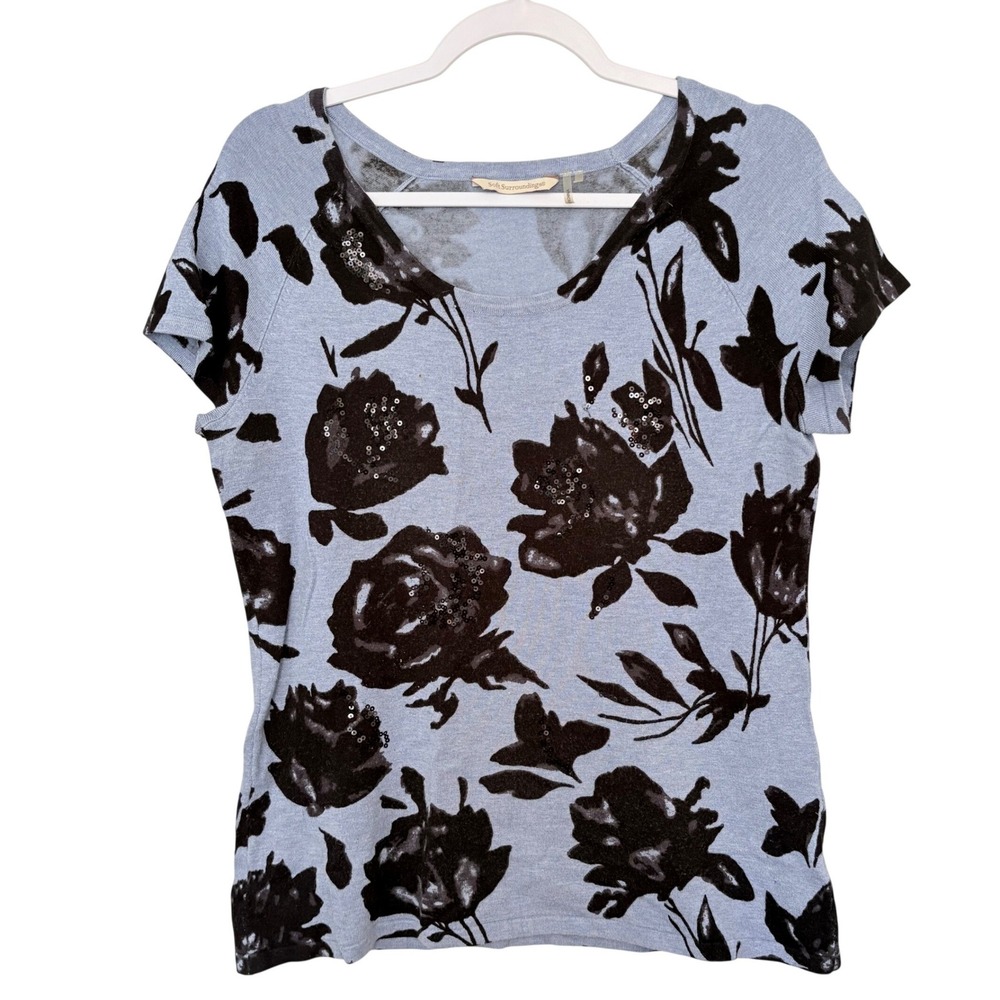 Soft Surroundings Sheer Knit Top L Blue Black Floral Sequin Whimsigoth Y2K Rose